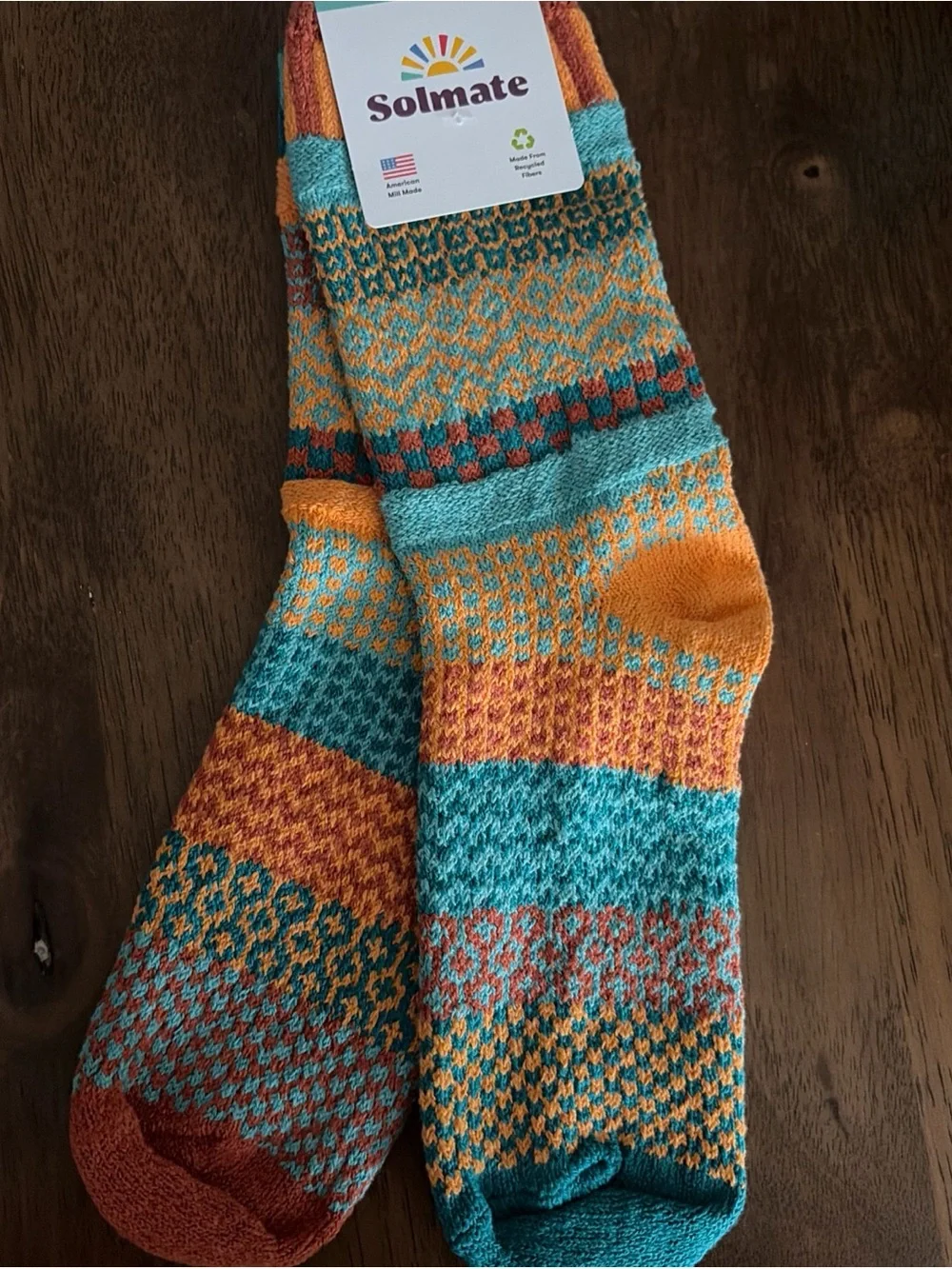 NEW Turquoise and Orange Solmate Crew Socks - Large